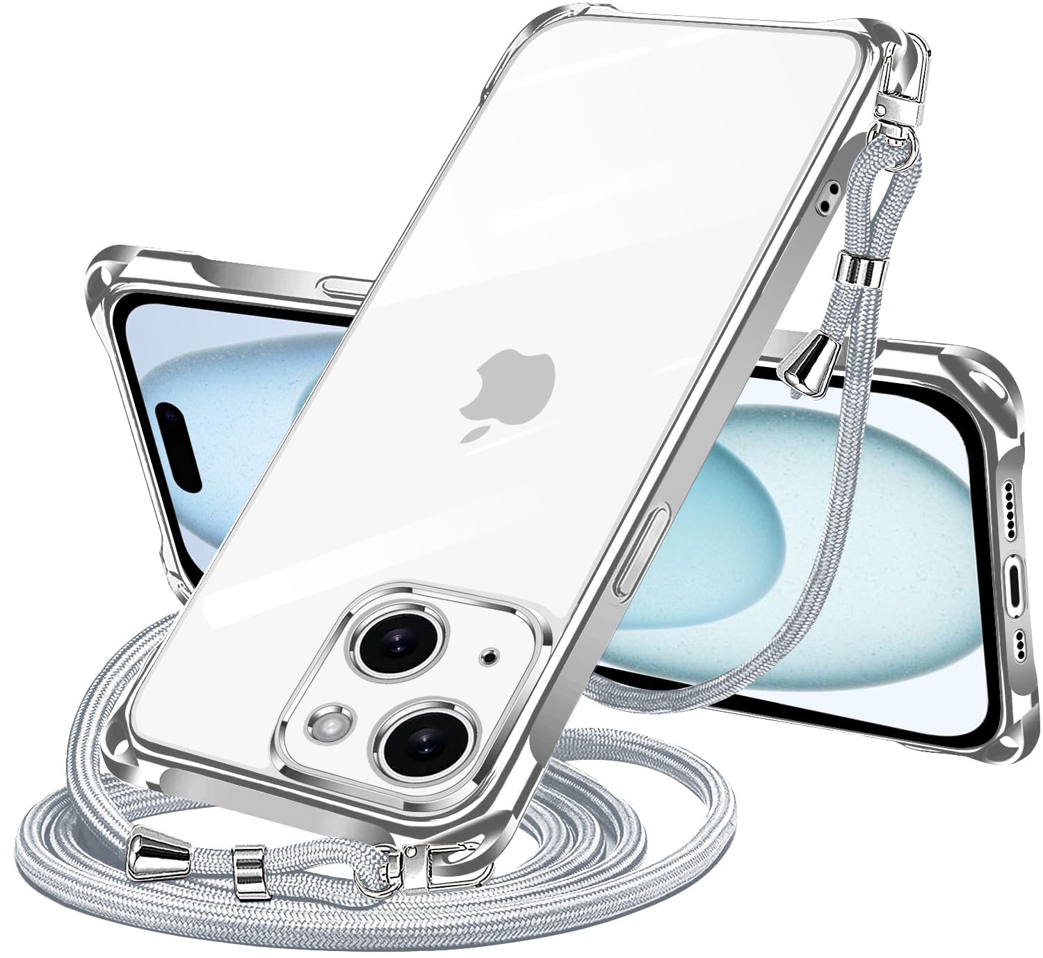 NISIILNG iPhone 15 用 ケース クリア ショルダー iPhone15 スマホケース アイフォン15 カバー 肩掛け 斜めかけ 縄掛けケース 透明 薄型 軽量 耐衝撃 TPU ストラップ付き 紐付き 斜めがけ 織りストラップ付き ネックストラップ ショルダー 縦/横 2WAY 長さ調整可能 取り外し可能 落下防止 紛失防止 (シルバー)