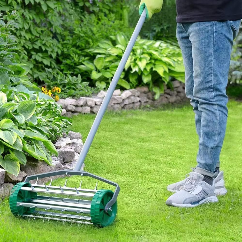Rodillo Manual De Púas De Césped, Aireador De Césped Rodante, Herramienta De Jardín con Mango De Acero De 58 Pulgadas, con Herramienta De Aireador De Jardín De Púas De Acero Sólido