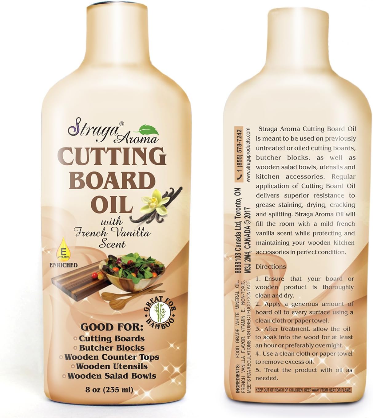 StragaCutting Board Seasoning Oil (8oz)| Enriched with French Vanilla & Vitamin E| Food Grade Mineral Oil |Butcher Block Oil & Conditioner| Best for Teak, Walnut & Bamboo Restoring & Sealing