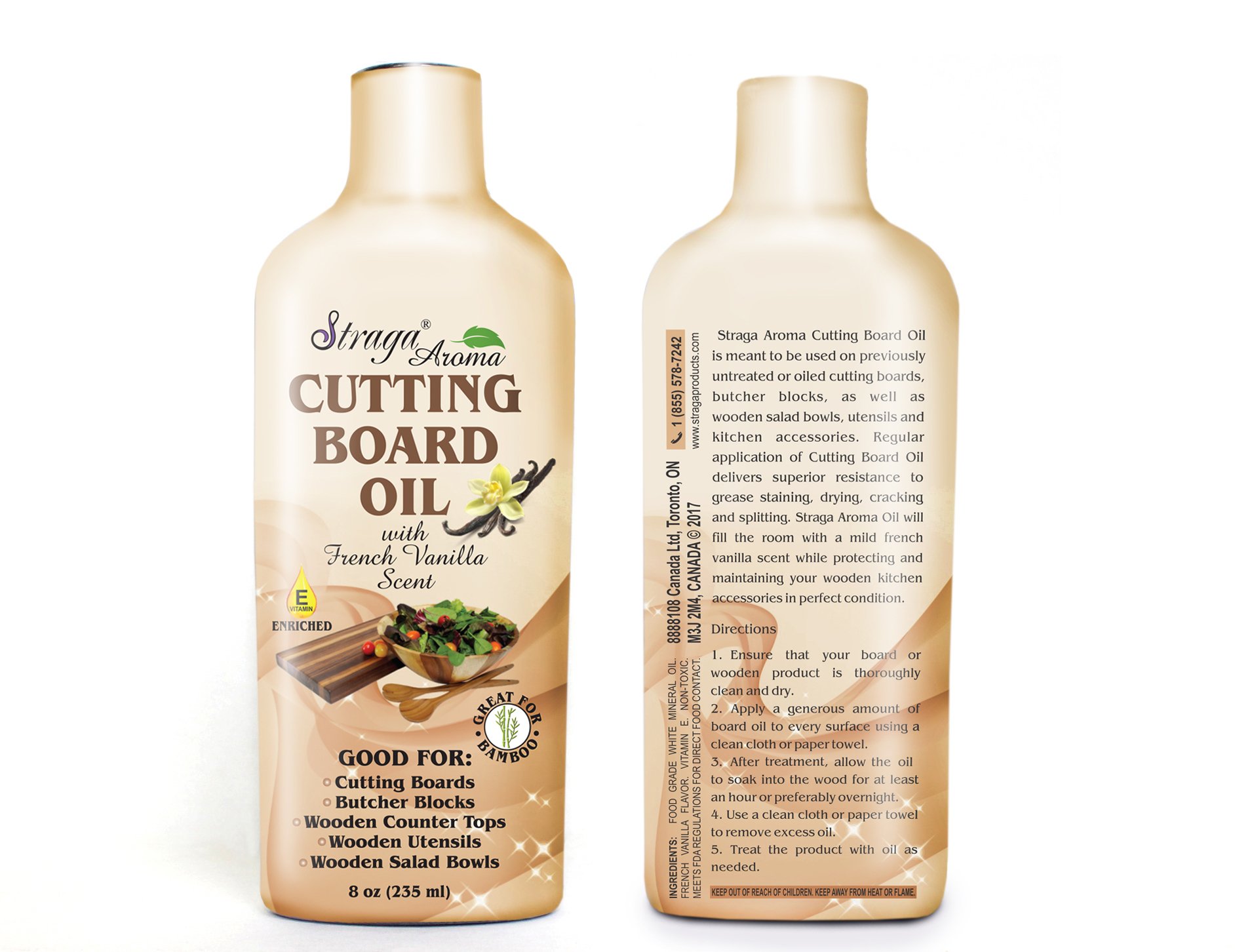 StragaCutting Board Seasoning Oil (8oz)| Enriched with French Vanilla & Vitamin E| Food Grade Mineral Oil |Butcher Block Oil & Conditioner| Best for Teak, Walnut & Bamboo Restoring & Sealing