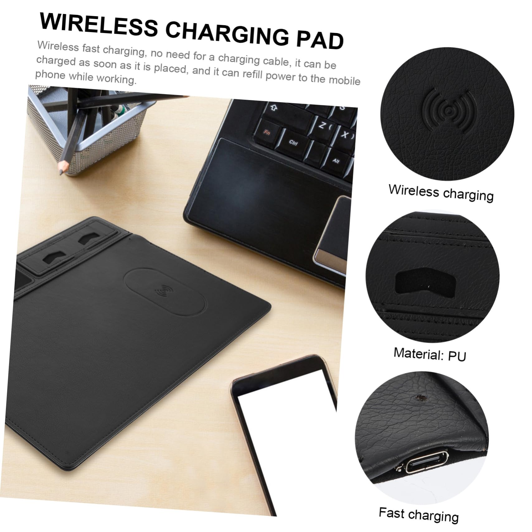 NUOBESTY Tappetino per Mouse in Pu Nero Ricarica Wireless 15w Superficie Anti-schizzi per Scrivania Ufficio Gaming