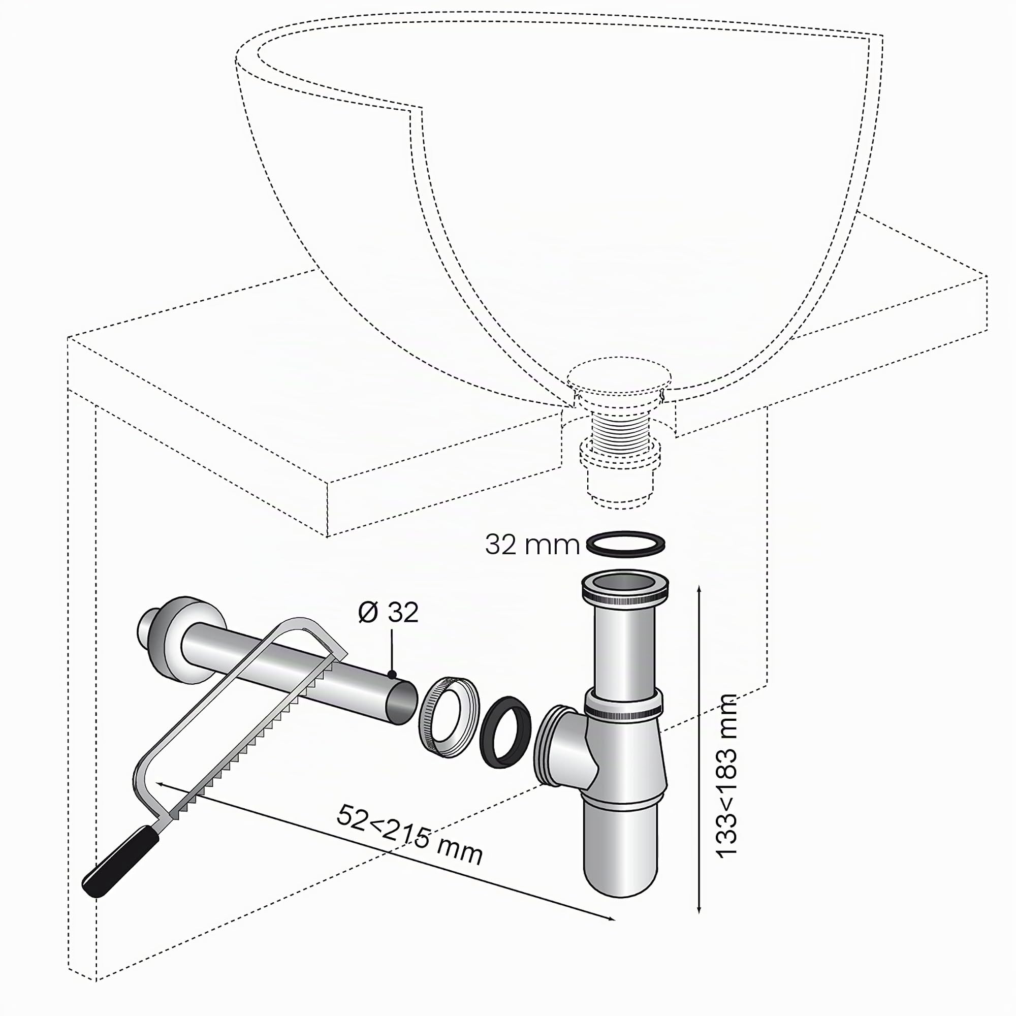 Ibergrif M41102-L, Lavabo Lave Main Blanc Rectangulaire & Wirquin 30719890 Siphon de lavabo en laiton Ø32 avec sortie murale et réglable en hauteur, chromé