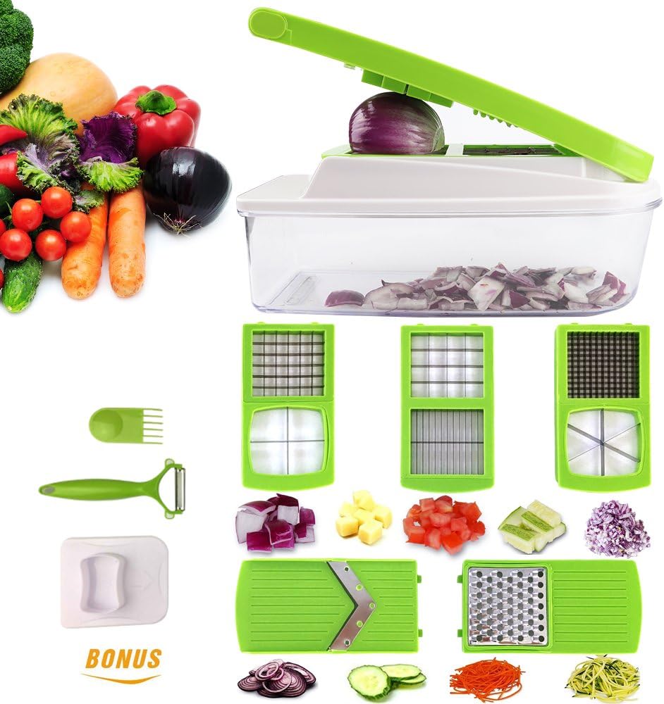 Vegetable Chopper, Lybmi Vegetable Slicer Dicer 12 in 1 Mandoline Slicer Food Chopper Cheese Grater Cuber Cutter for Onion Potato Veggies Fruit - 8 Types Blades Extra Vegetable Peeler