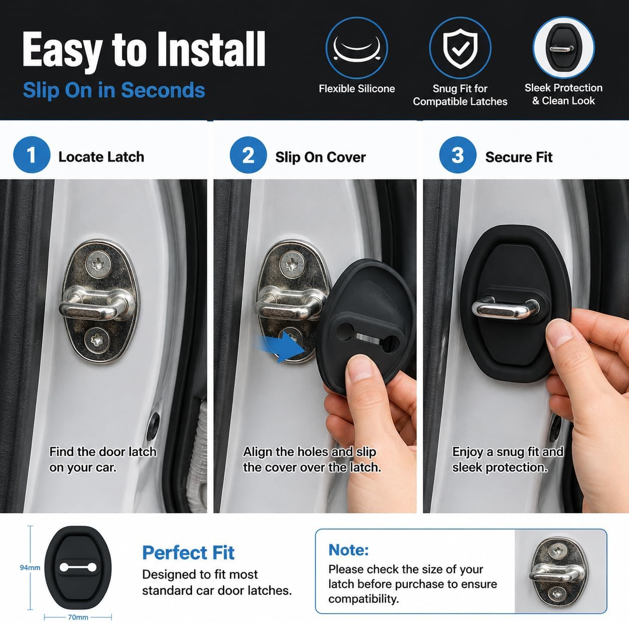 4Pcs Black Car Silicone Door Latch Protective Covers, Universal Fit, Silicone Exterior Finish Accessories