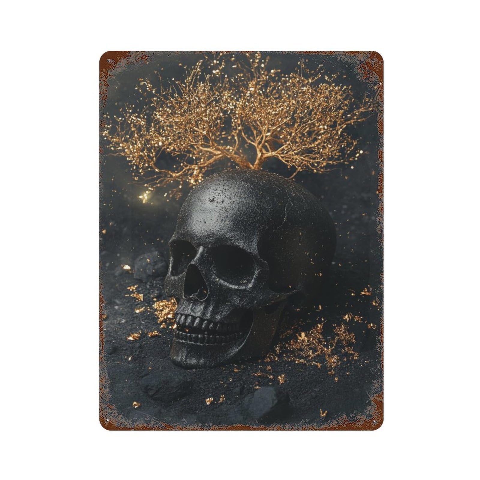 Garage Style Gothic Black Skull Decor with Gold Tree Rust Effect Tin Sign 15.7"x11.8", Rustic Home Decor for Bar And Workshop