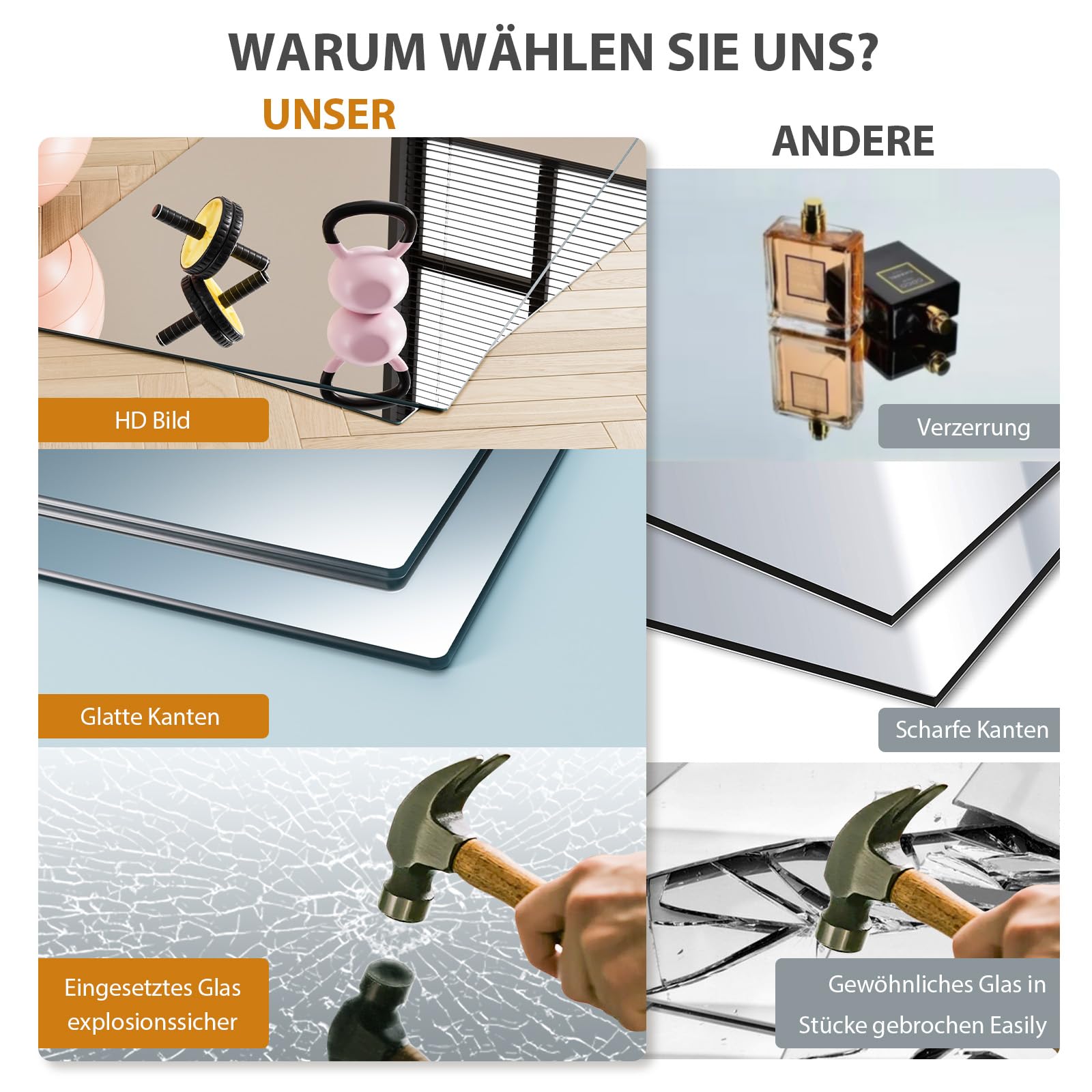 Snowdool Home Gym Spiegel 140x42cm 2 Stück, Rahmenlos & Gehärtet für Wand | Verzerrungsfrei, Sicherheitsglas, Polierten Ecken, Z-Halterung, Große Rahmenlos Ganzkörperansicht für Fitness, Garage, Tanz