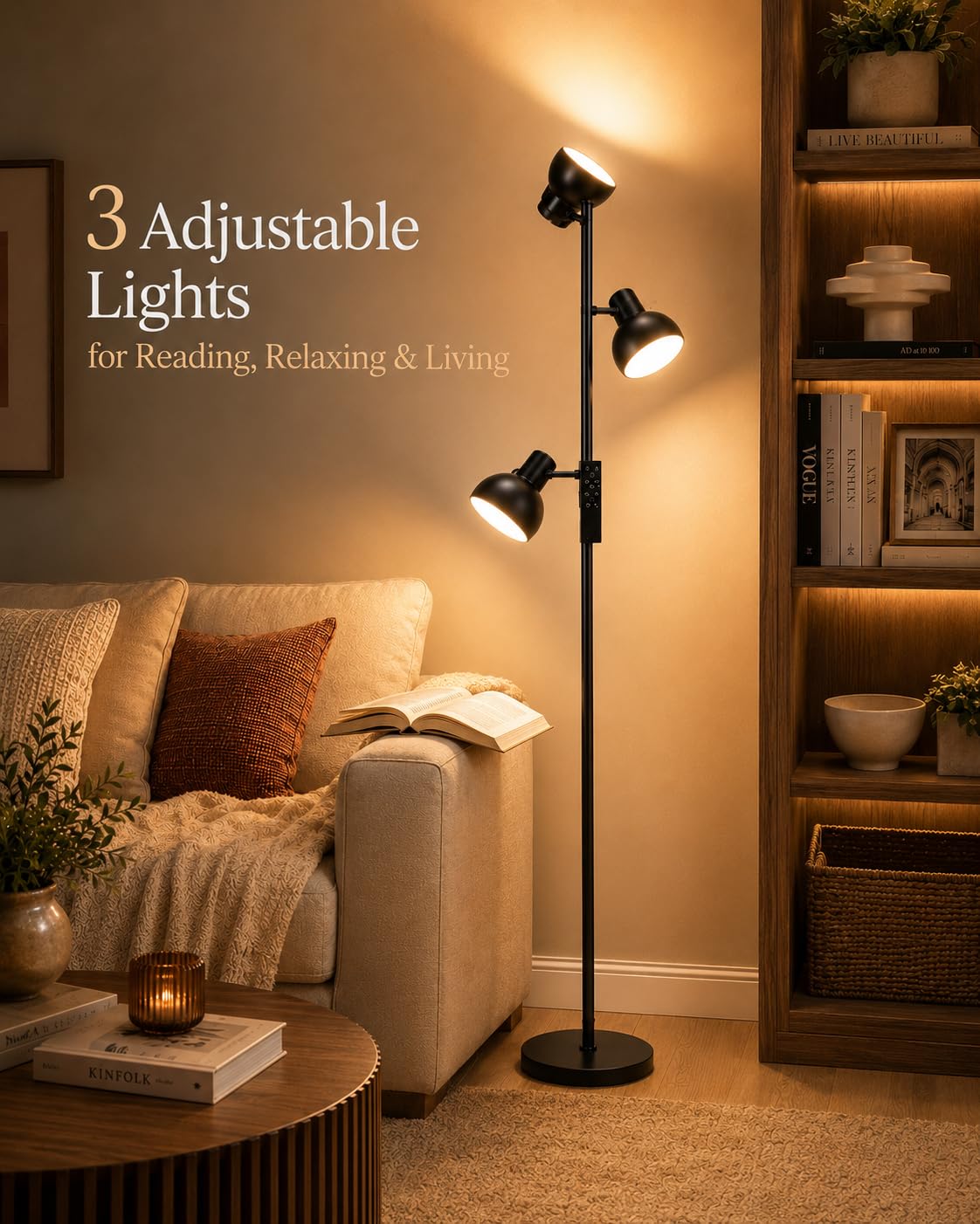 Lampada da Terra a 3 Teste per Soggiorno, LED 36W Dimmerabile con Telecomando e Controllo Touch, Temperatura Colore 2700K–6500K, Lampada Moderna da Lettura per Camera e Ufficio AVEN FL08