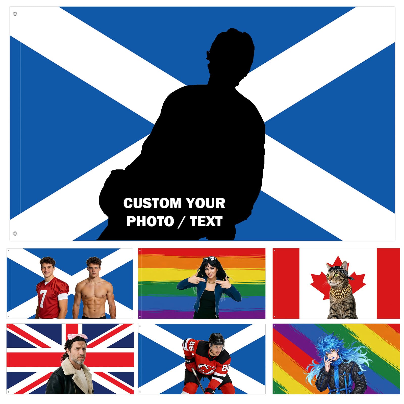 Custom Scottish Flag-Personalised Scotland Flag with Picture Photo Logo Text-Custom Scottish Tapestry Banner for Competitions,Soccer Party Bar Garden Festivals Dorm Decoration Indoor Outdoor