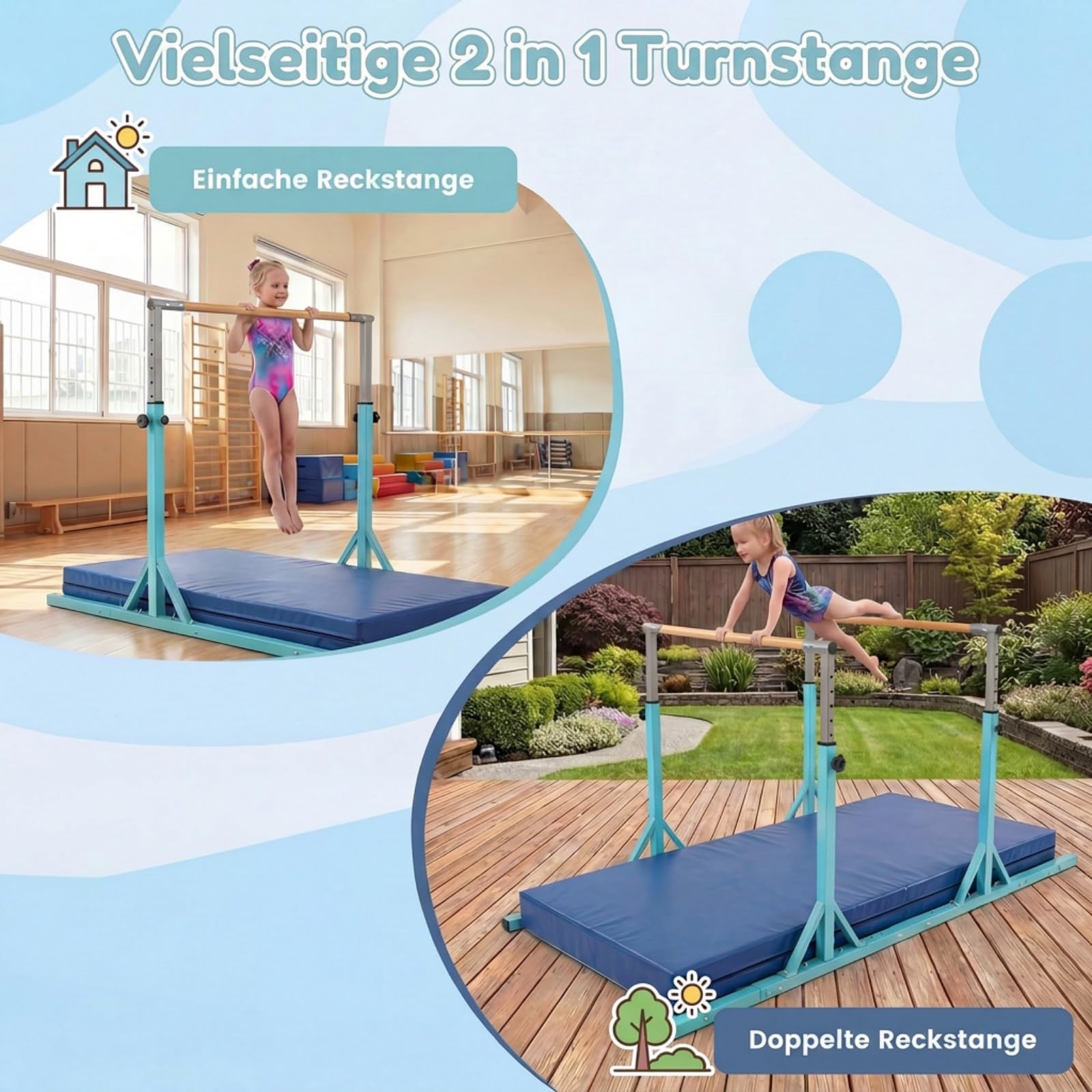 GYMAX Gymnastikstange für Kinder, Turnstange mit 13 Höhenverstellbar, Reck Turnen bis 100kg belastbar, Turnreck für Zuhause & Fitnessstudio, 251 x 144 x 84,5-144,5 cm