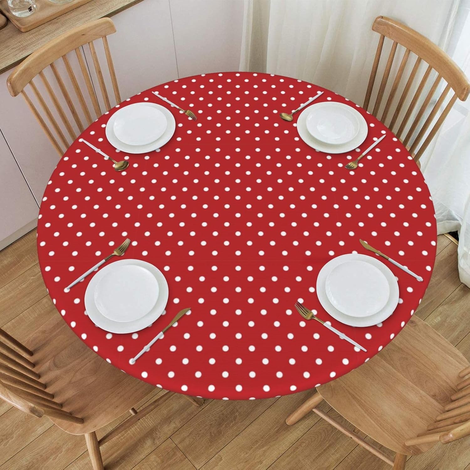 Big White dot Print Outdoor Patio Kitchen Decor Supplies Wipeable Round Table Cloth for Indoor Outdoor