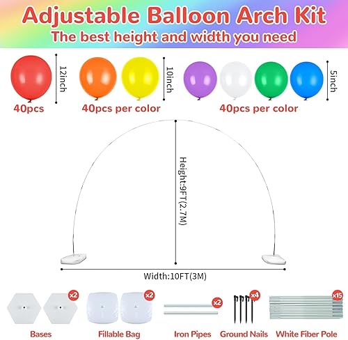 Miniatura 2 de Kit de arco de globos de guirnalda de arco iris de 280 piezas con globos de colores, gran altura y 10 pies de ancho ajustable, 50 clips de globos,