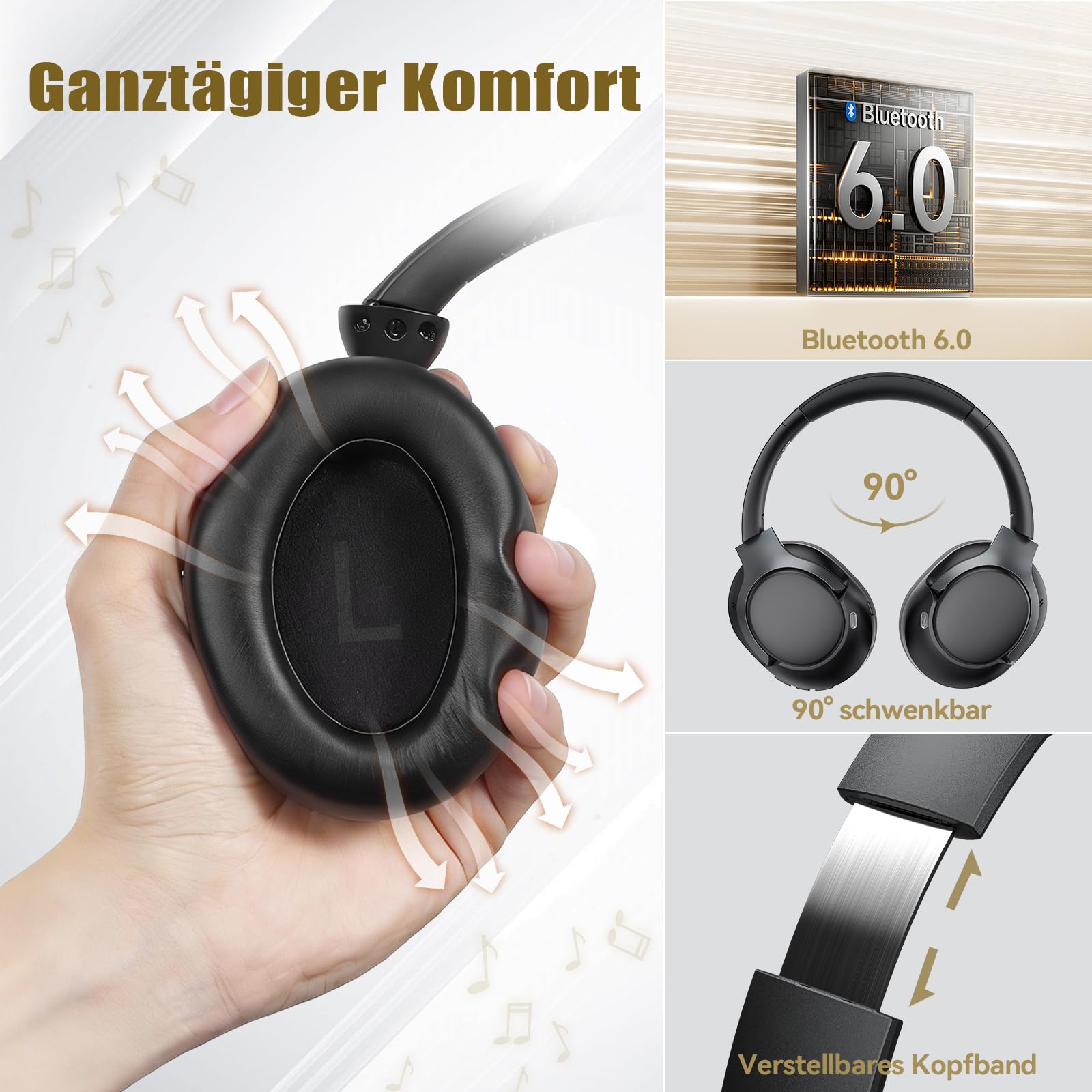TECKNET Over Ear Kopfhörer Bluetooth mit Hybrid Active Noise Cancelling, Kabellose Bluetooth 6.0 Kopfhörer, 70 Std. Wiedergabezeit, 6 EQ-Modi, 3,5-mm-Audiokabel für Zuhause, Reisen und Büro, Schwarz