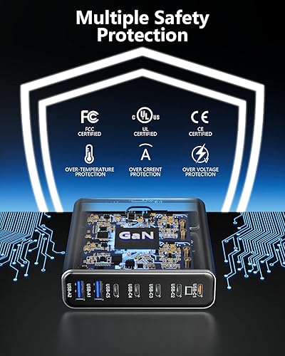 Miniatura 6 de Aleación de aluminio 260W USB C Cargador GaN Fast USB C Estación de carga 7 puertos 65W Cargador portátil para MacBook ProAiriPad ProiPhone (gris)