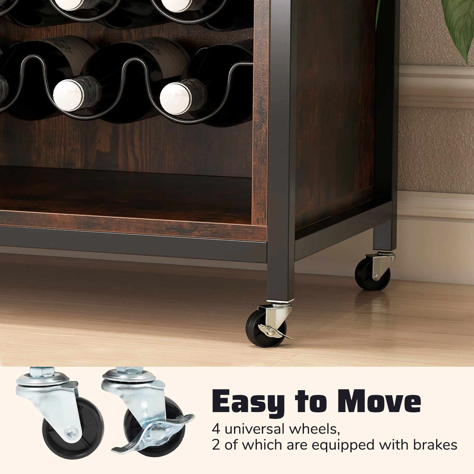 FANTASK Barschrank, Weinschrank mit LED-Beleuchtung, Rollen, verstellbaren Regalen, Glashalter Flaschenhalter, Sideboard Küchenschrank industriell für Esszimmer Wohnzimmer