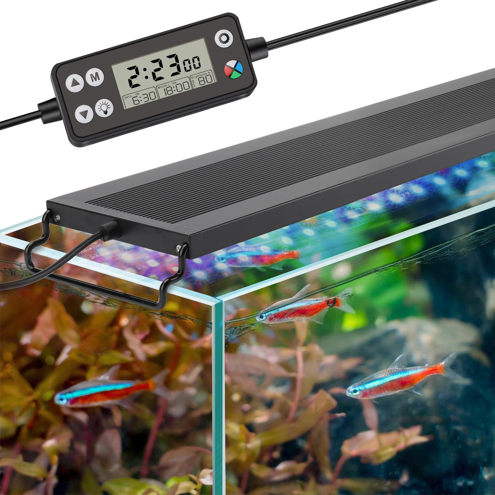 hygger Aquarium Beleuchtung, Aquarium LED Beleuchtung,Vollspektrum Aquarium Licht mit Monitor, 26W 24/7 Beleuchtungs Zyklus, 7 Farben, Einstellbarer Timer,3 Modus für 76-91cm Süßwasser Aquarien