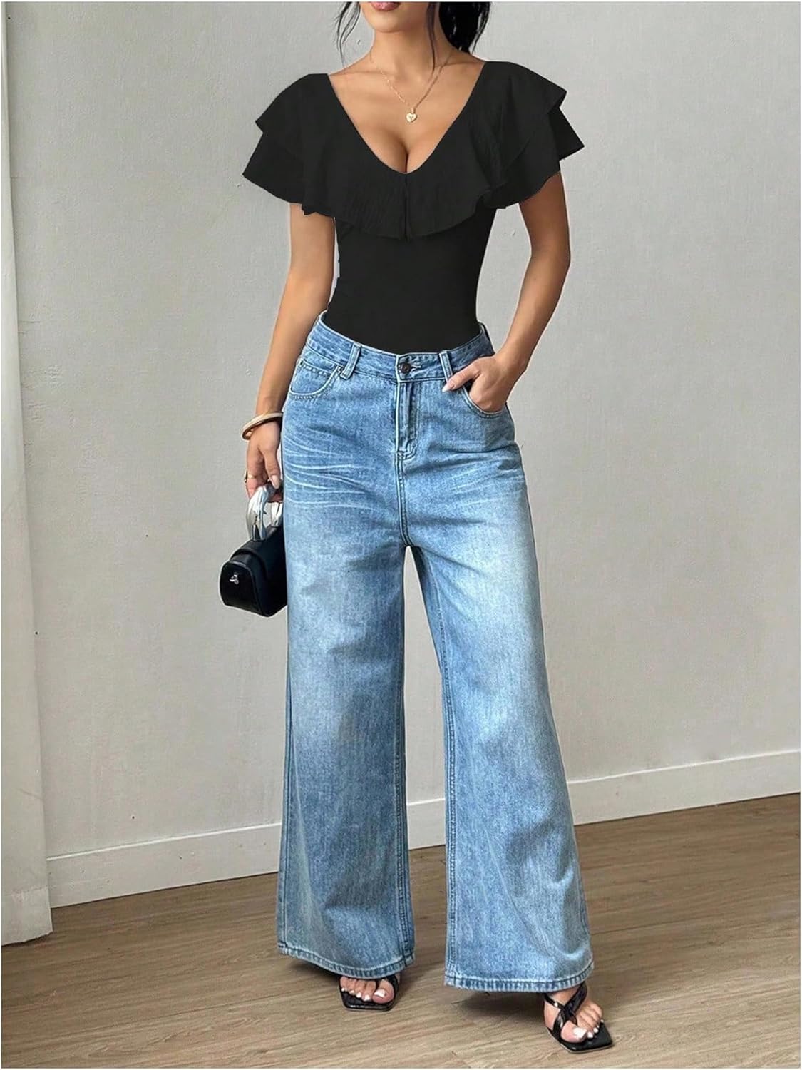 Milumia Women's Ruffle V Neck Short Sleeve Bodysuit Sexy Backless Going Out Leotard Tops - Image 5