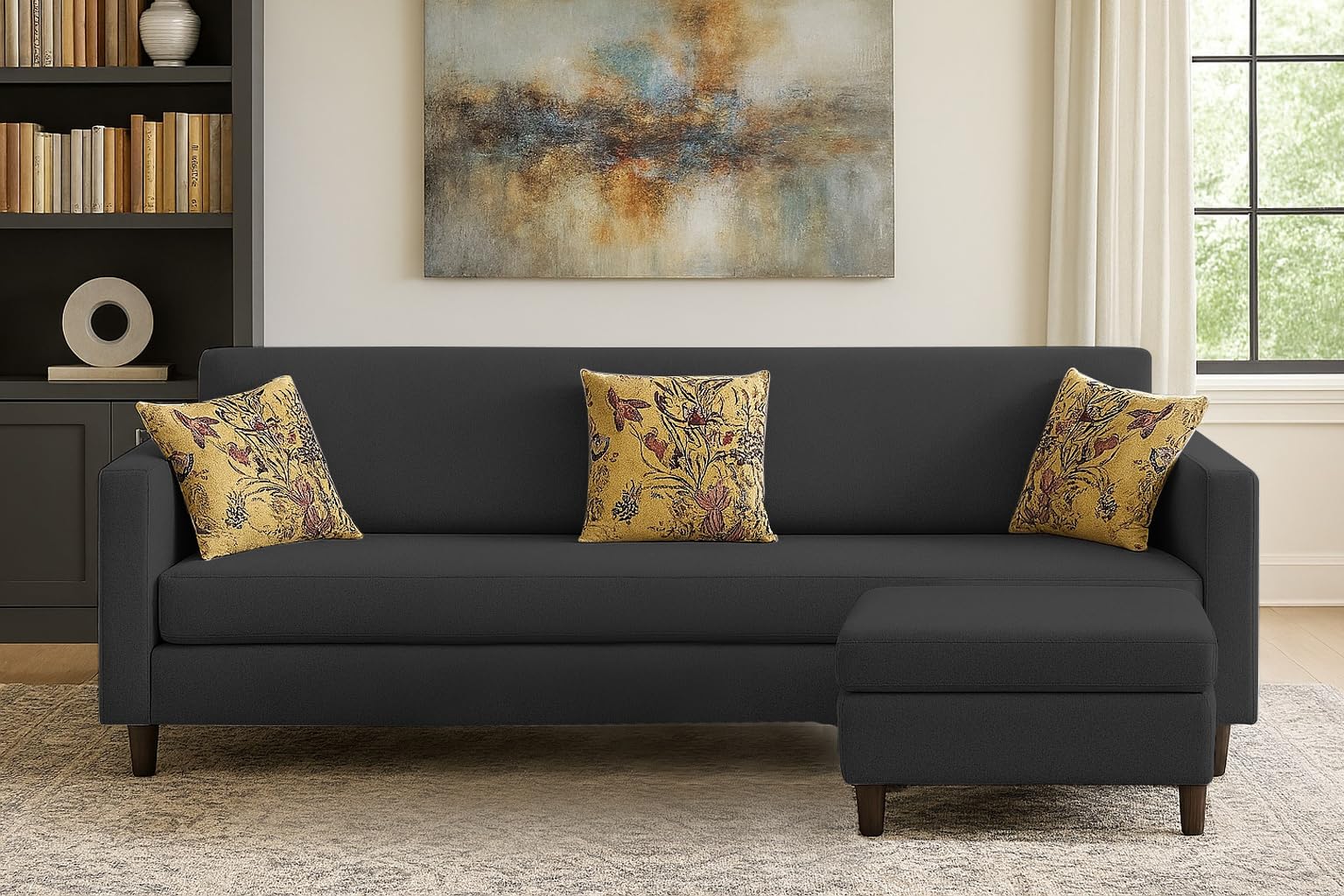 Casaliving Premium Lifestyle Fabric 5 Seater L Shape Sofa Set 4 Seater Modern Sofa Set & Ottoman for Living Room (Black Color)-image-13