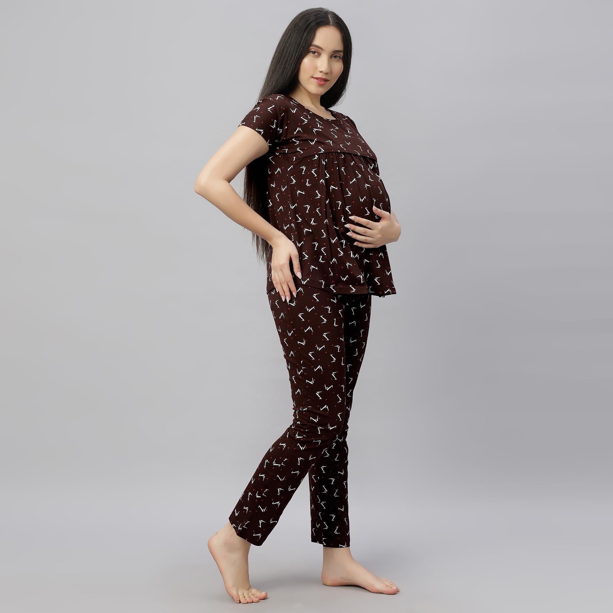 DZZO New Women's Cotton Printed Maternity Night Suit | Comfortable Feeding Night Dress | for Breathable Nursing Pajama Set | Color - Coffee, Size - M - Image 3 thumbnail