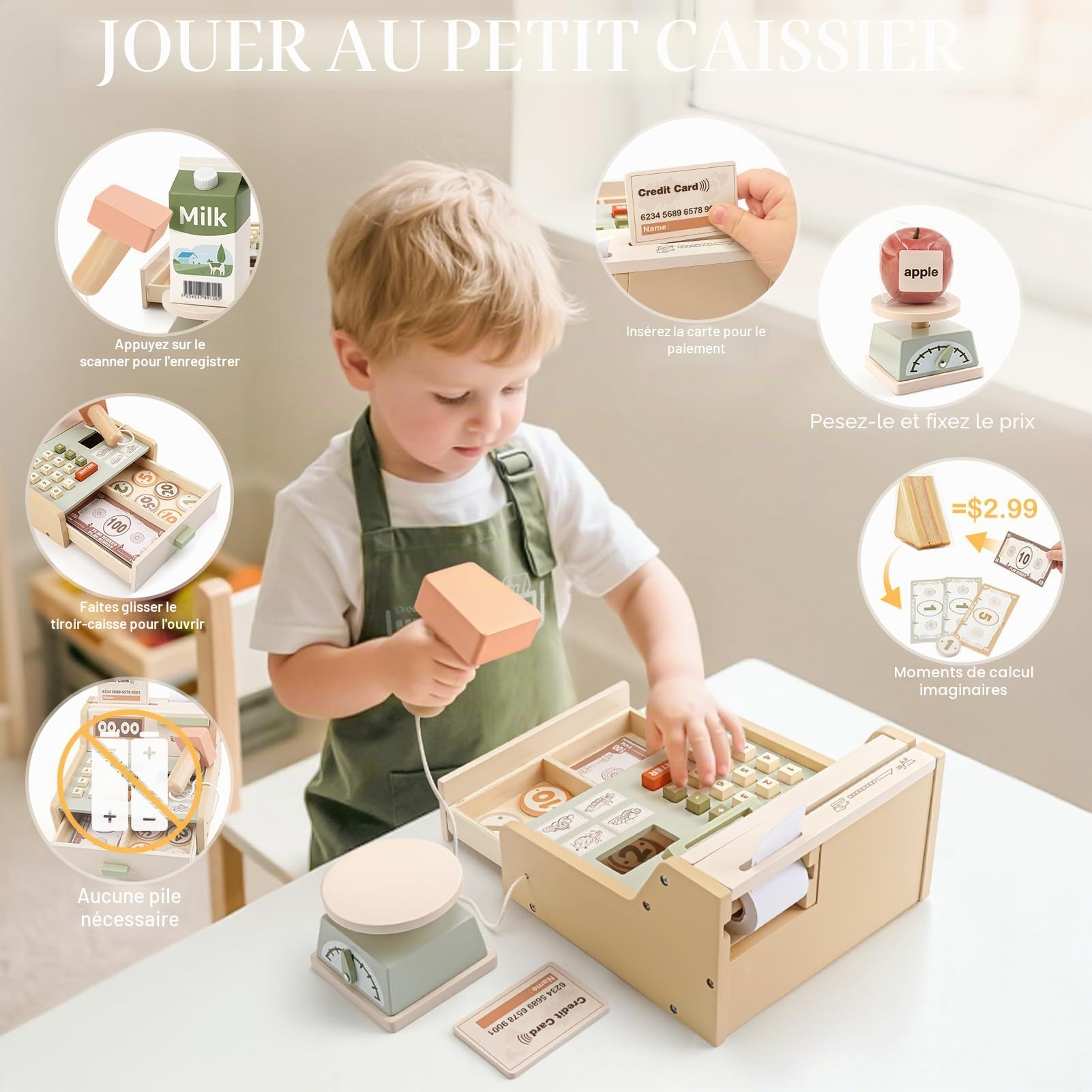 Dreamon Caisse Enregistreuse Enfants Bois, Marchande Enfants Jouet avec Scanner Tablier de Courses, Cadeaux de Noël pour Garçons Et Filles Âgés 3 4 5 6 Ans