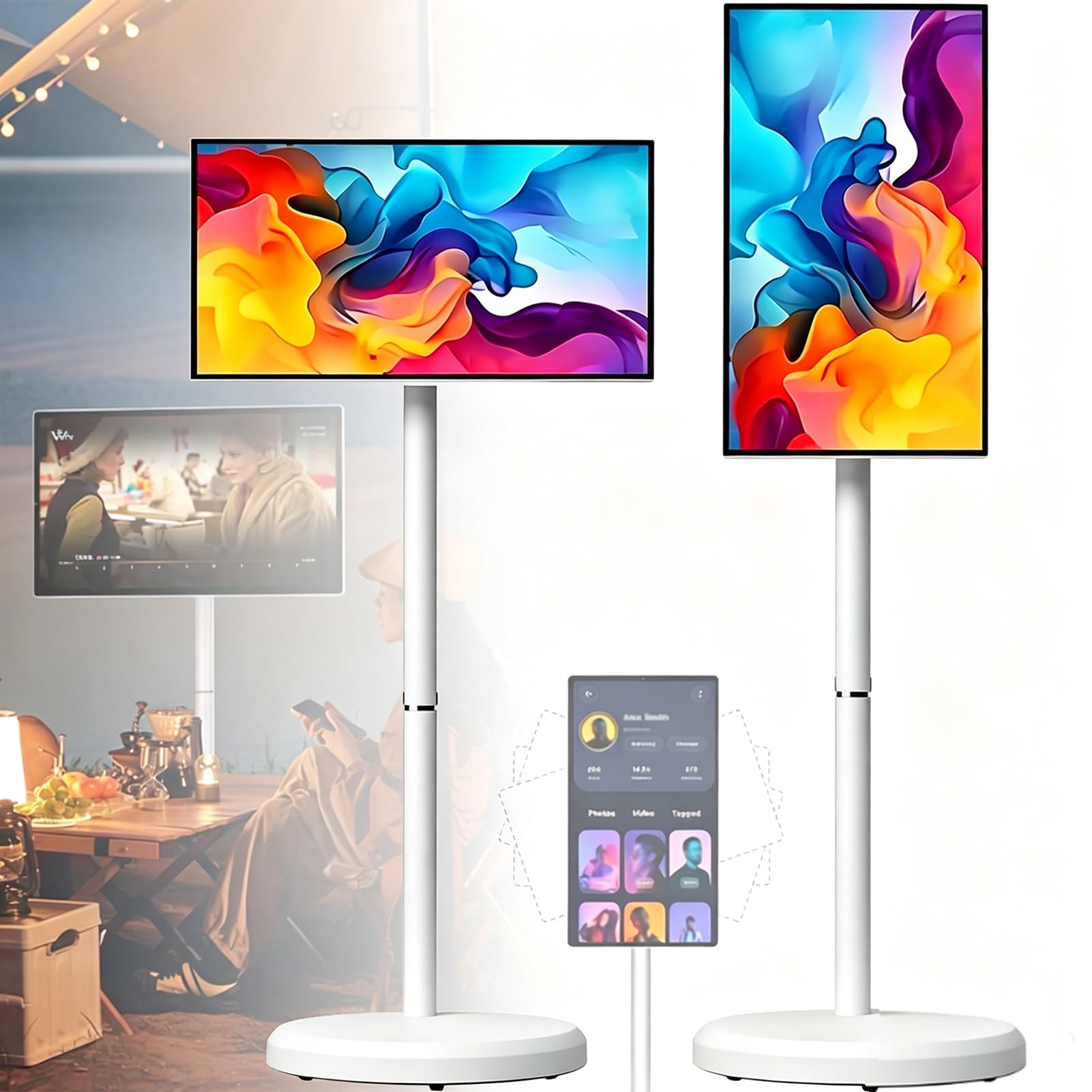 Televisor PortáTil con Ruedas 21.5 Pulgadas con Pantalla TáCtil y Soporte,Pantalla Inteligente Todo en Uno con InclinacióN Y RotacióN,BateríA Integrada 5 Horas y Altavoz para Sala Estar Y Dormitorio