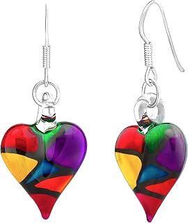 Chuvora Handmade Murano Glass Heart Dangle Earrings for Women - Vibrant Stained Glass Drop Earrings