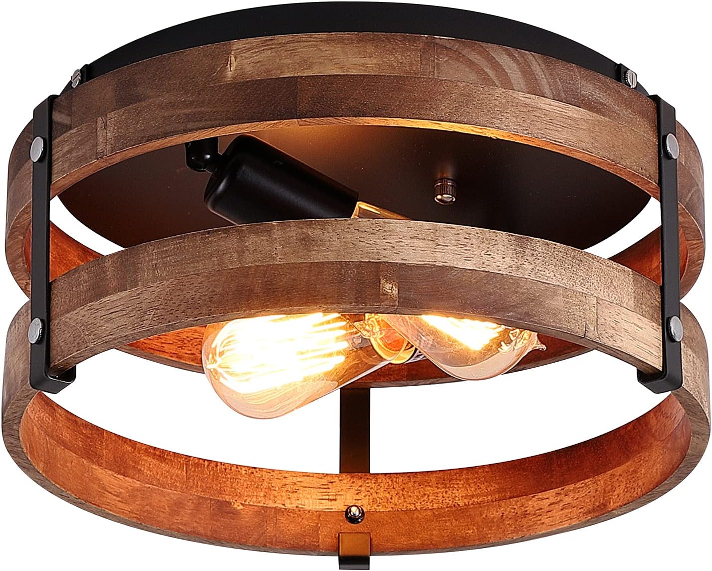 2-Light Rustic Flush Mount Light Fixture Oak Wood Round Drum Semi Flush Mount Ceiling Light for Hallway Bedroom Kitchen Entryway Farmhouse, Black