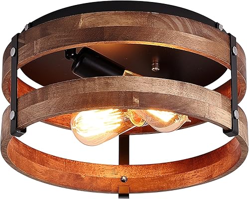 Lámpara rústica de montaje empotrado de 2 luces, de madera de roble, de tambor redondo, semiempotrada, para pasillo, dormitorio, cocina, entrada,