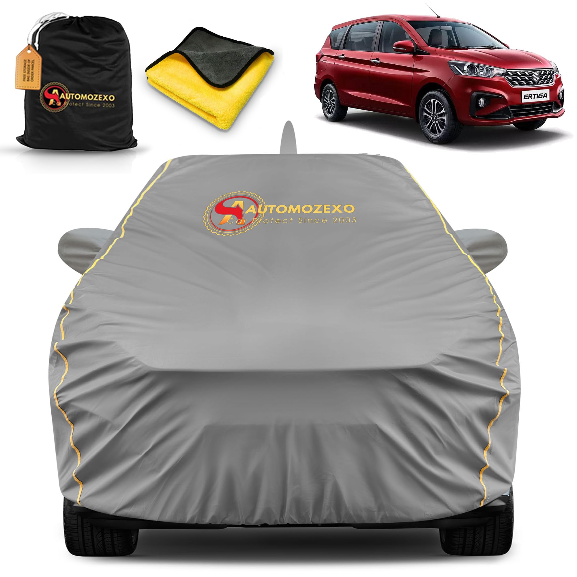 Maruti Ertiga 100% Waterproof Car Cover for All Weather Protection with Mirror & Antena Pocket Inner Cotton Triple Stitched Cover with Adjustable Belt Bottom Elastic to Secure Fit -Grey