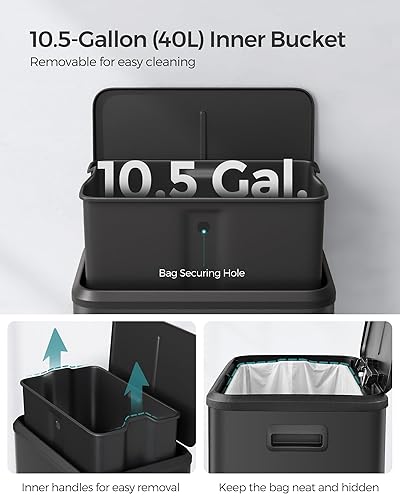 Miniatura 5 de SONGMICS Basurero de cocina, bote de basura de 10.5 galones (40 litros) con tapa y pedal ancho, cierre suave y se mantiene abierto, color plateado