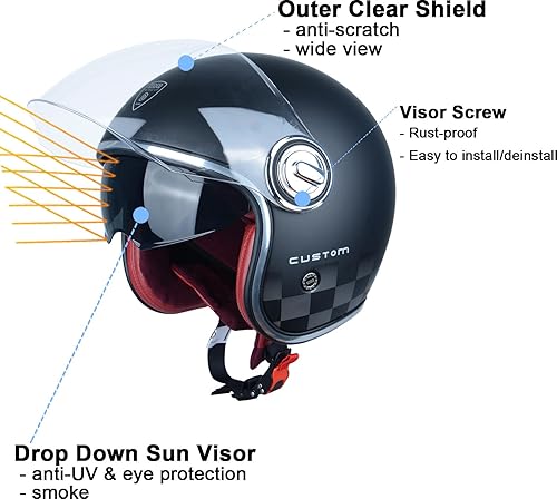 Miniatura 2 de Casco de motocicleta de cara abierta para adultos, aprobado por DOT, casco vintage 34 medio Vespa con doble visera para hombres y mujeres