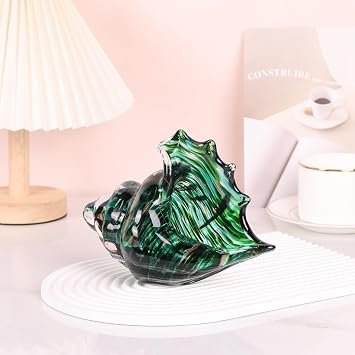 Hand Blown Glass Conch Shell Sculpture, Sea Glass Art Figurines, Blown Glass Decor for Decorating, Teal Conch Shell Decorative Statues, Sea Shell Coastal Decor for Shelf House Room, Beachy Gifts