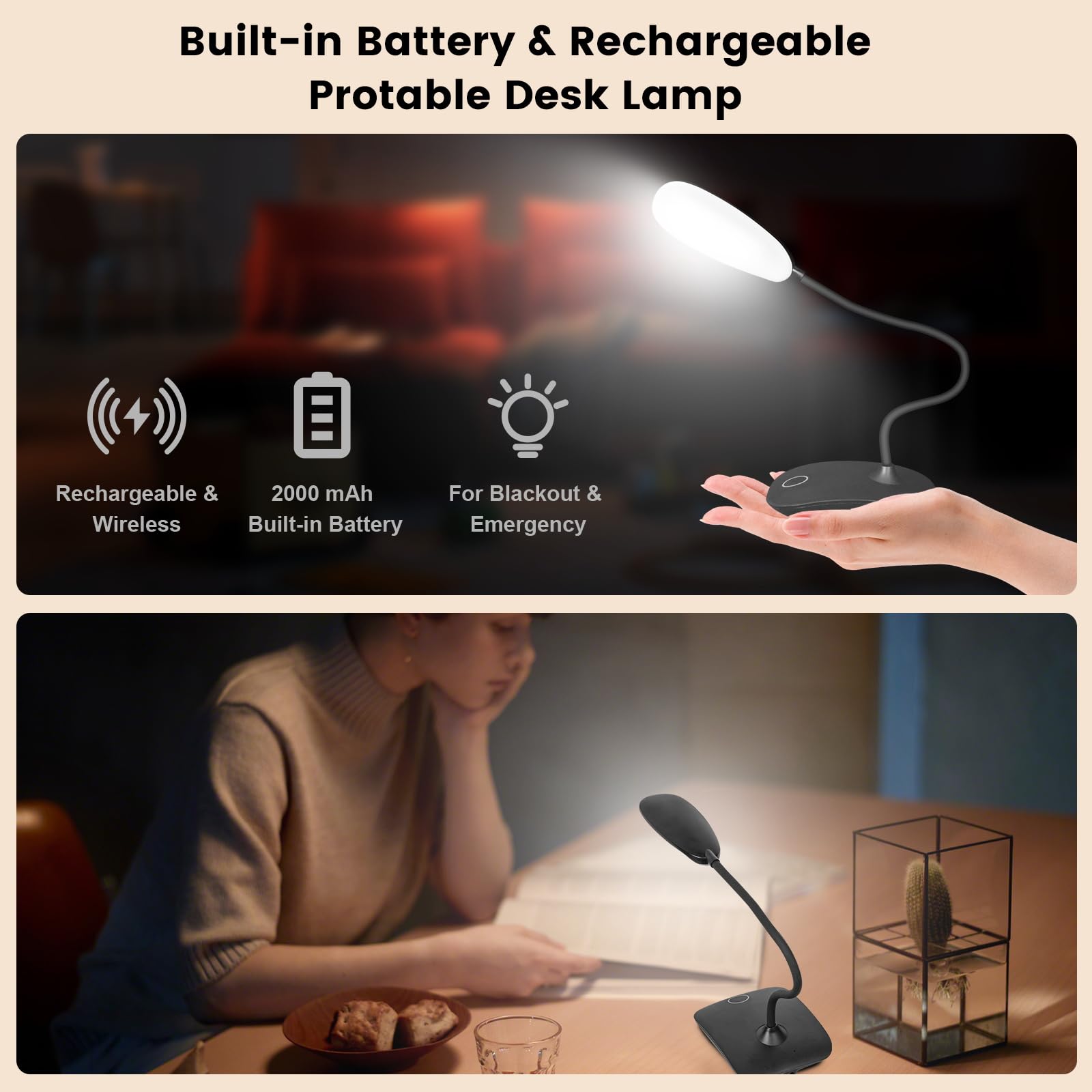 Lámparas de escritorio LED recargables, 3 modos de color, atenuación de control táctil, portátil, batería de 2000 mAh, paquete de 2 (negro)