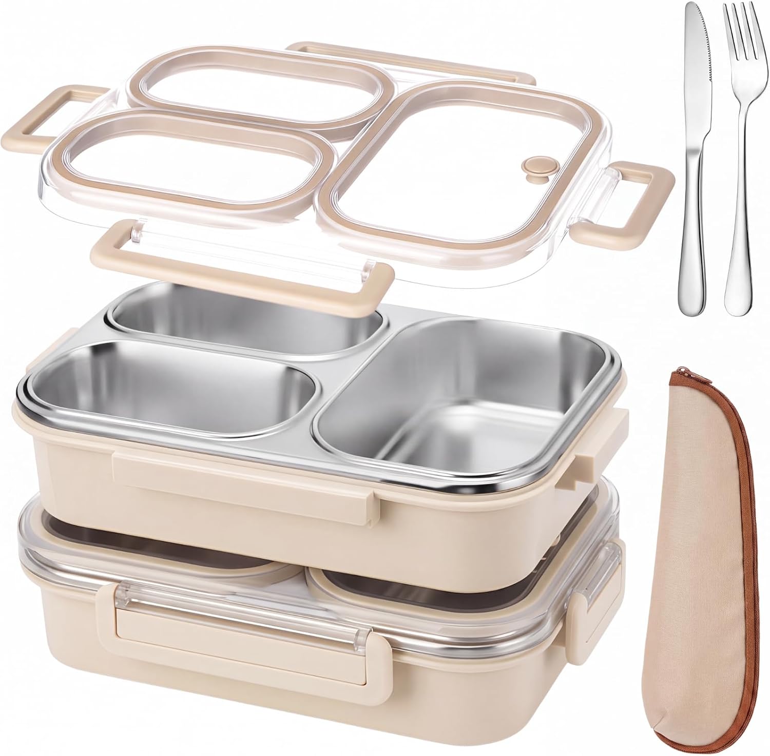 2 Pack Stainless Steel Bento Box 3 Compartment Leakproof, Cream