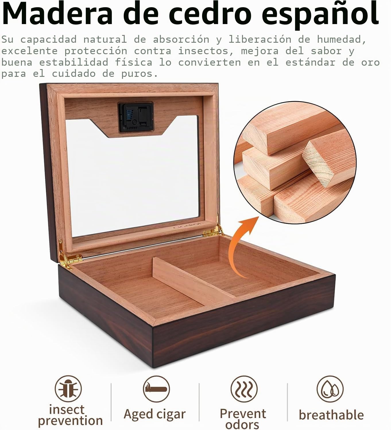 Humidor Puros, Caja Puros con Humidificador y Higrometro, Humidor para 25-35 Puros, Grandes Regalos para Hombres (Puros No Incluidos)