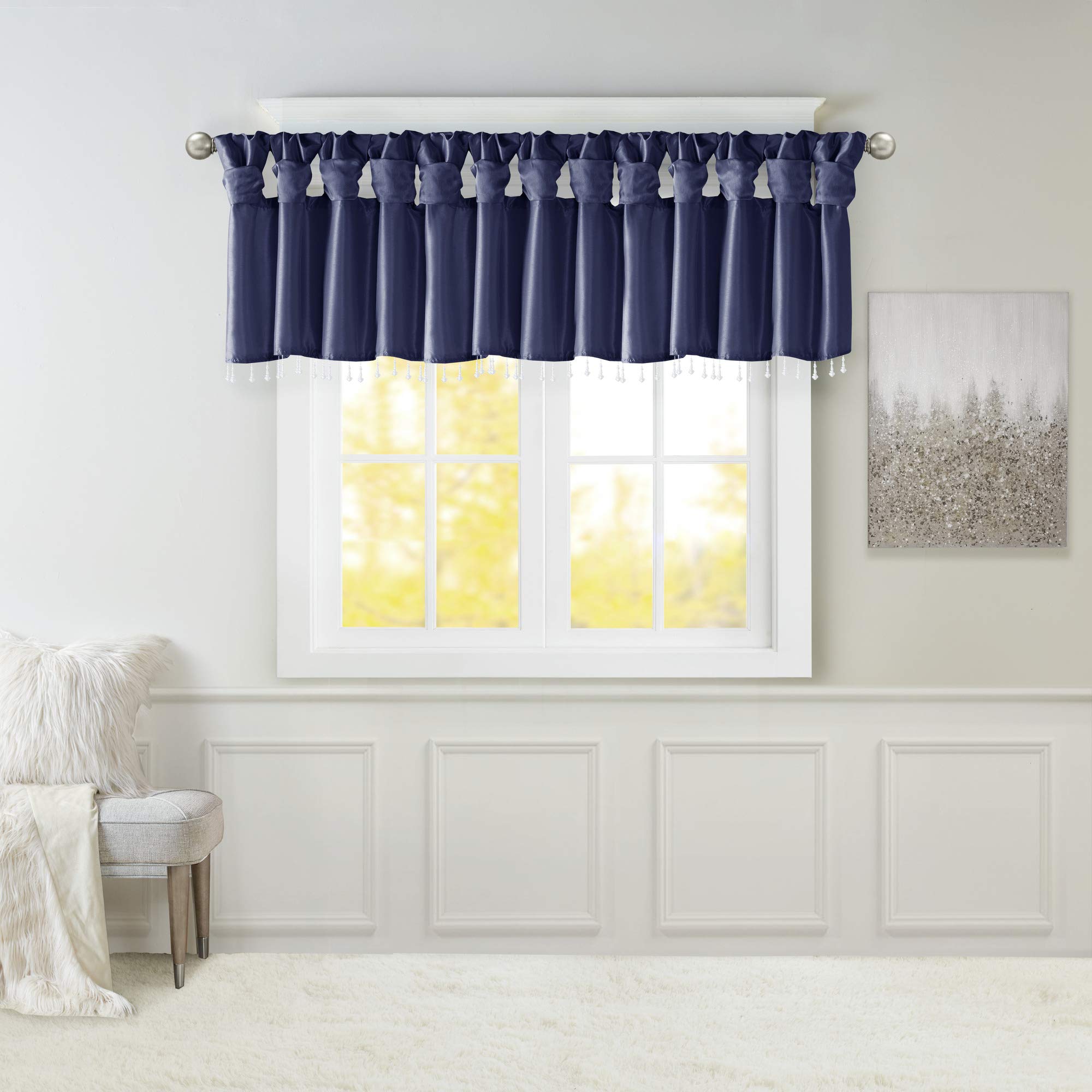 Madison Park Emilia Faux Silk Valance, DIY Twist Tab Top Finish with Beads, Window Valance Curtain for Living Room, Bedroom and Dorm, 26"L x 50"W, Navy