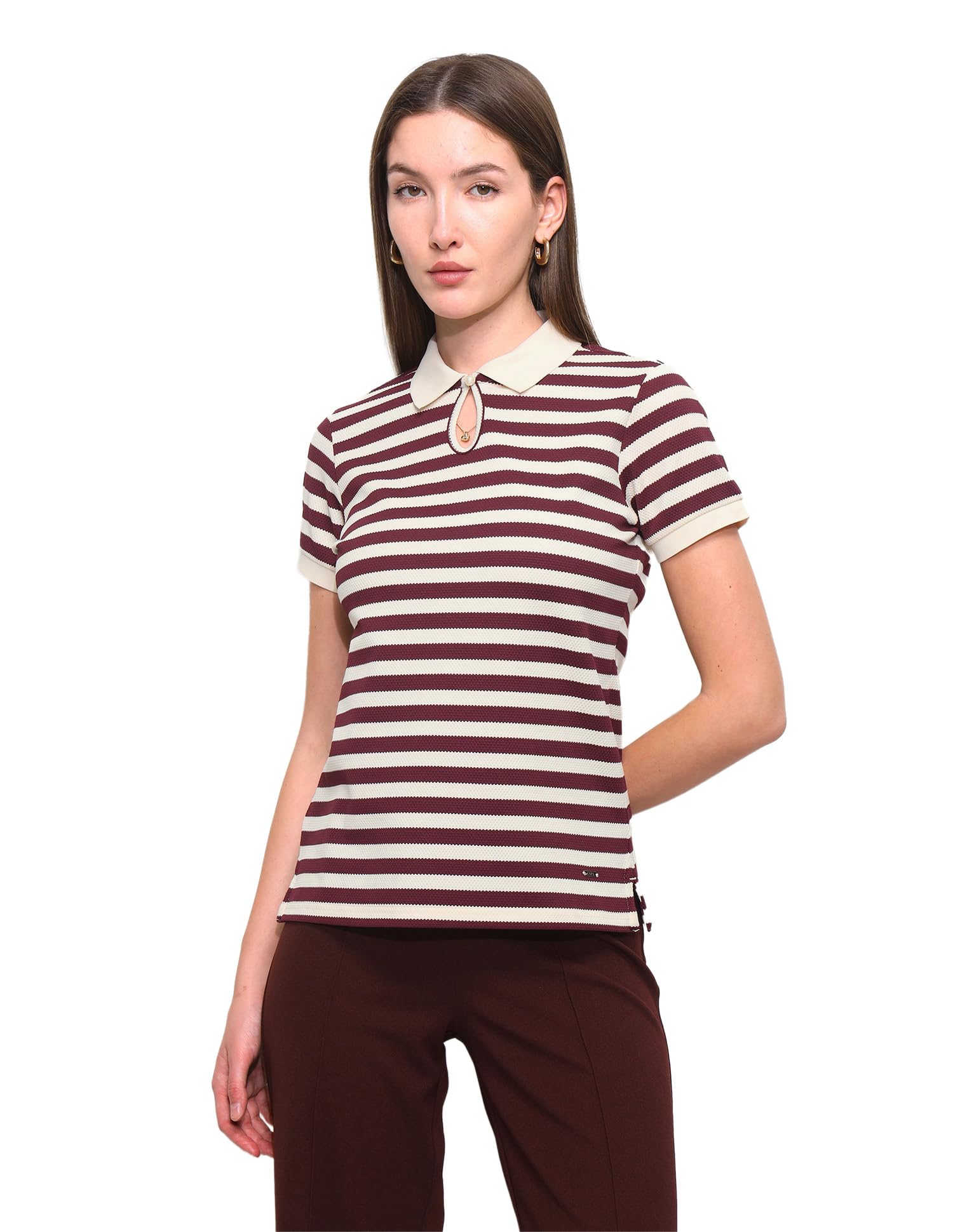 Women's Horizontal Striped Key Hole Polo Shirt-image-11