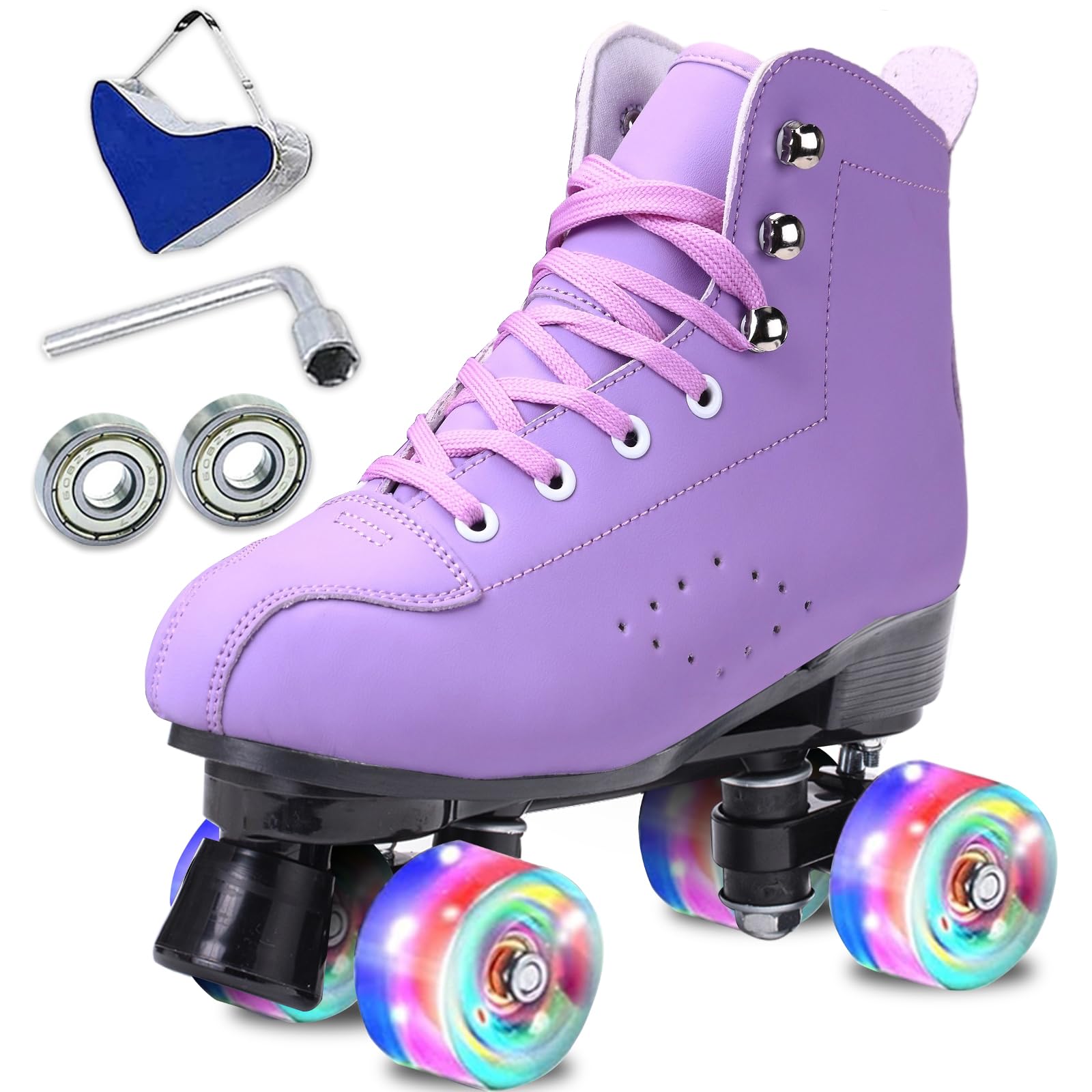 SCNUT Skates Women's Men's High Top Black PU Leather Skates Classic Double Row Skates Adjustable Outdoor Indoor Quad Skates and Roller Derby (Purple Flash, 39-Women's 7 / Men's 6)