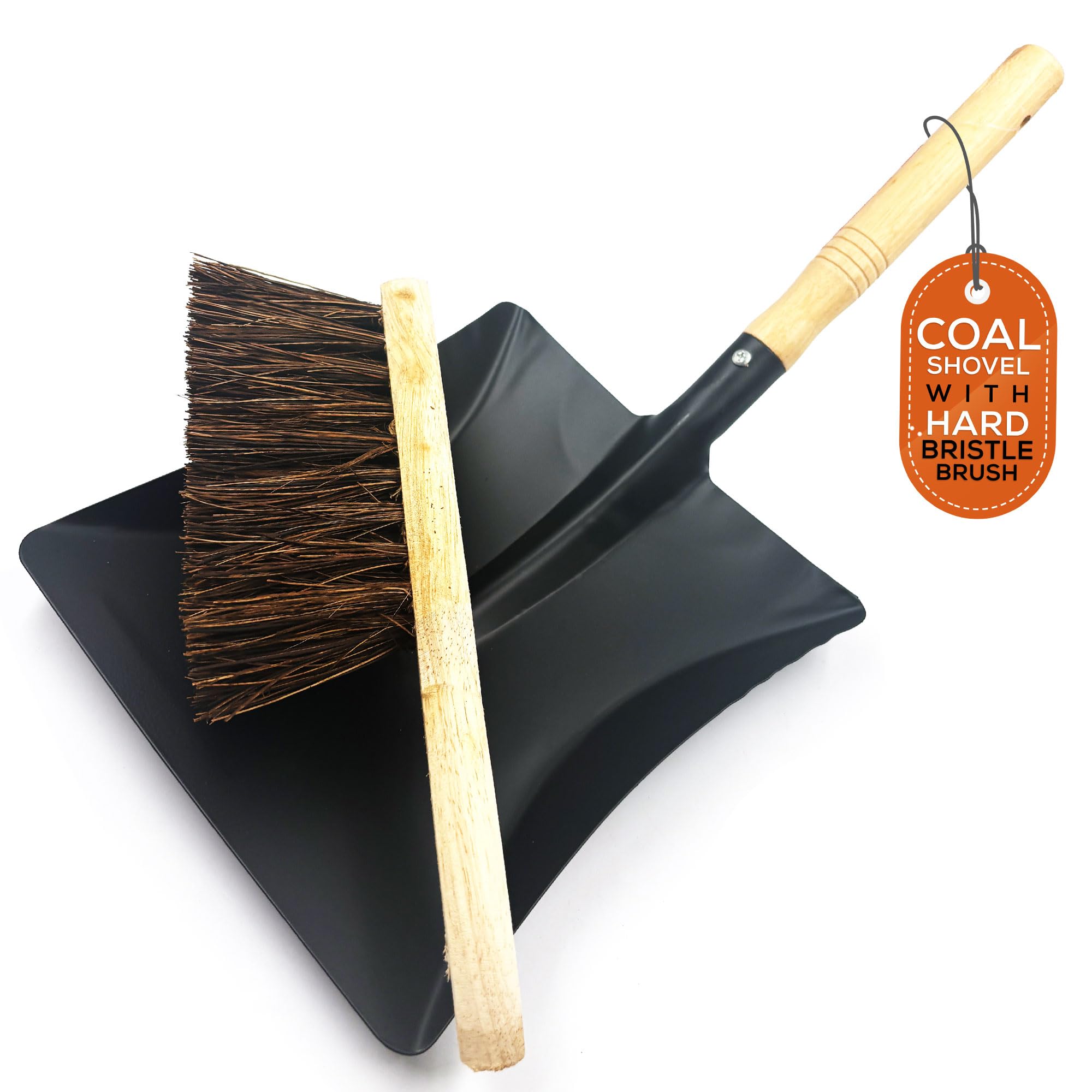 Strong Metal Coal Shovel Heavy Duty with Hard Bristle Brush, Coal Bunker Ash Shovel Ideal for Fireplace Cleaning, Metal Dustpan and Brush Set for Ash, Coal, Home Fire Tools
