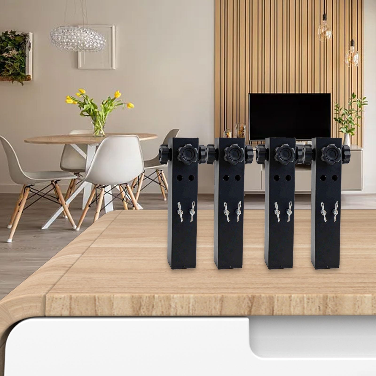 Extensores de patas de mesa plegables con 4 pernos y pasadores de goma, paquete de 4 elevadores de muebles ajustables en altura para patas de mesa, fácil instalación y estabilidad