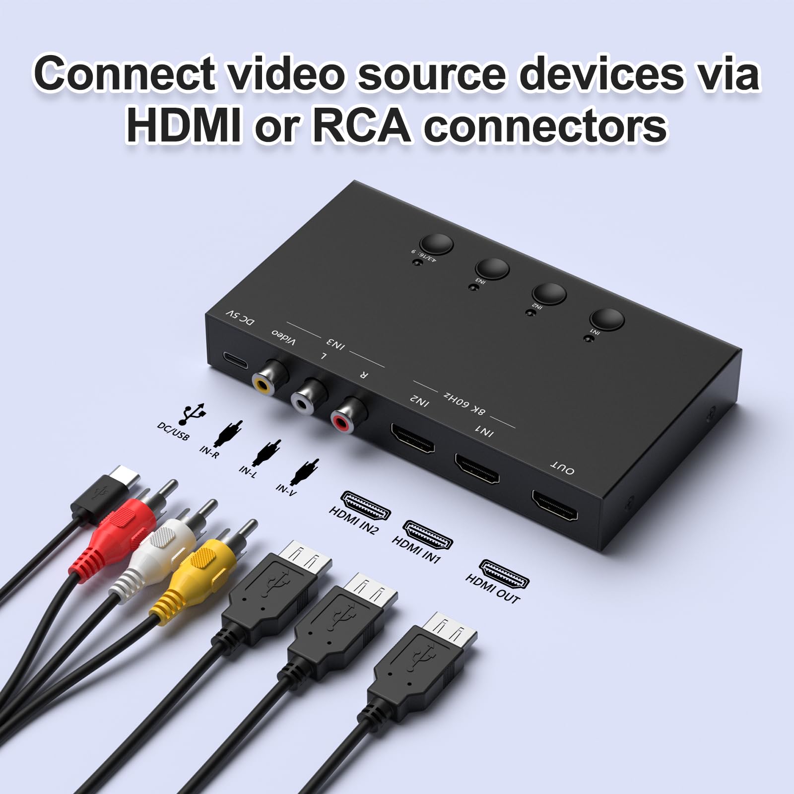 Commutatore RCA/HDMI 8K 60Hz 3x1, adattatore HDMI 2.0 a 2 vie + 1 convertitore da RCA a HDMI, rapporto schermo 4:3/16:9, supporto 3D per PS1/2/3/4/5, N64, SNES, Switch, DVD, Roku, Fire Stick