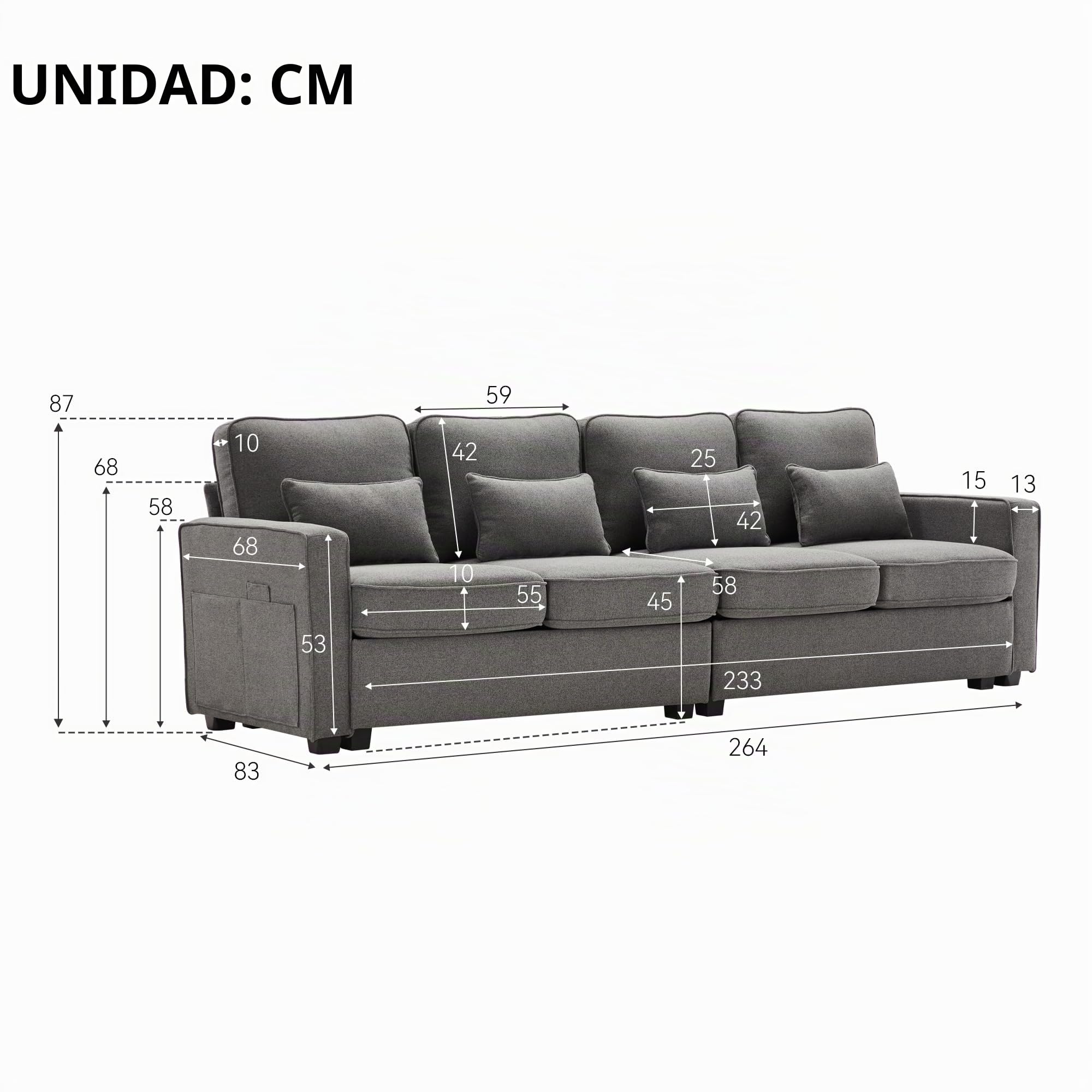 Lubvtti Sofá 4 Plazas Moderno de Tela de Lino con Bolsillos para Reposabrazos y 4 Cojines, Estilo Sencillo para Salón o Dormitorio, Gris Oscuro