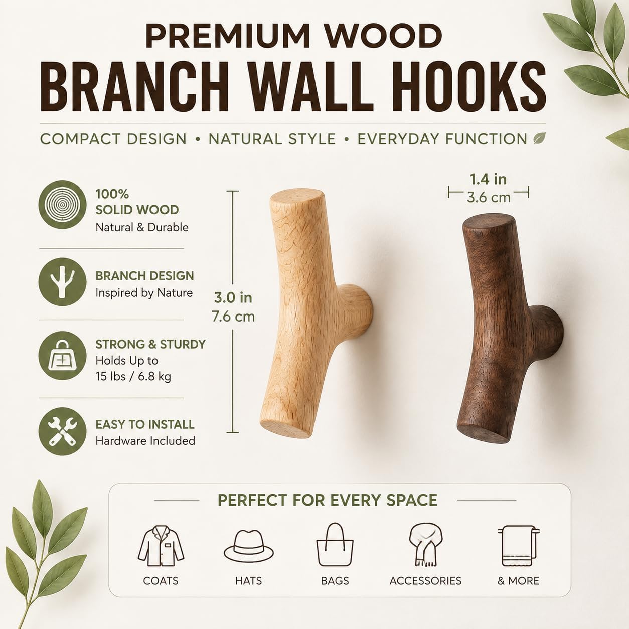 Walnut Wood Branch Wall Hooks, 4 Pack, Coat Hooks for Hats, Keys & Bags