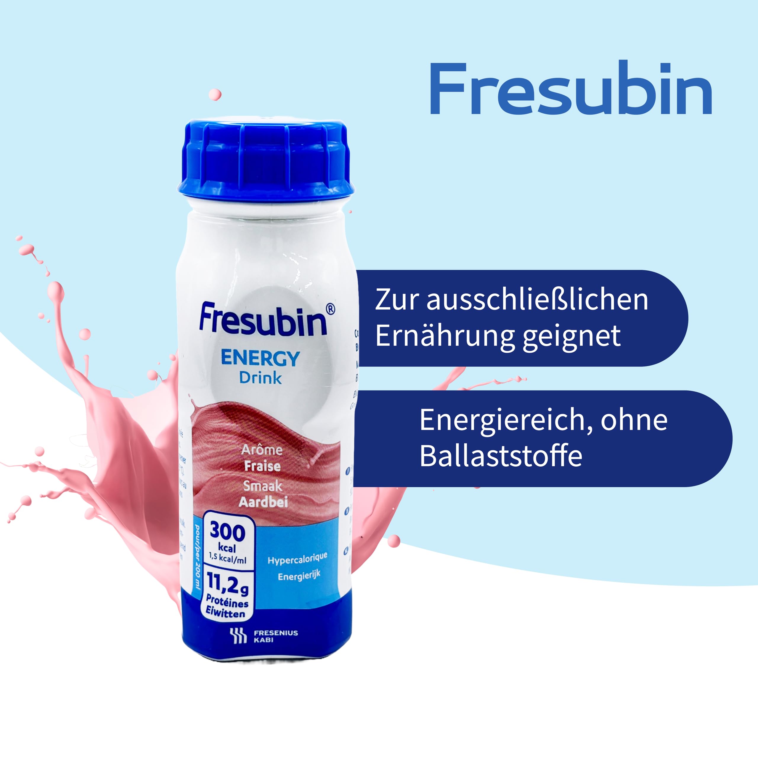 Fresubin Energy Drink - Erdbeere Hochkalorische Trinknahrung von Fresenius Kabi, 300 kcal pro Flasche, glutenfrei, ohne Ballaststoffe ideal bei Mangelernährung (200 ml (24er Pack), Erdbeere)