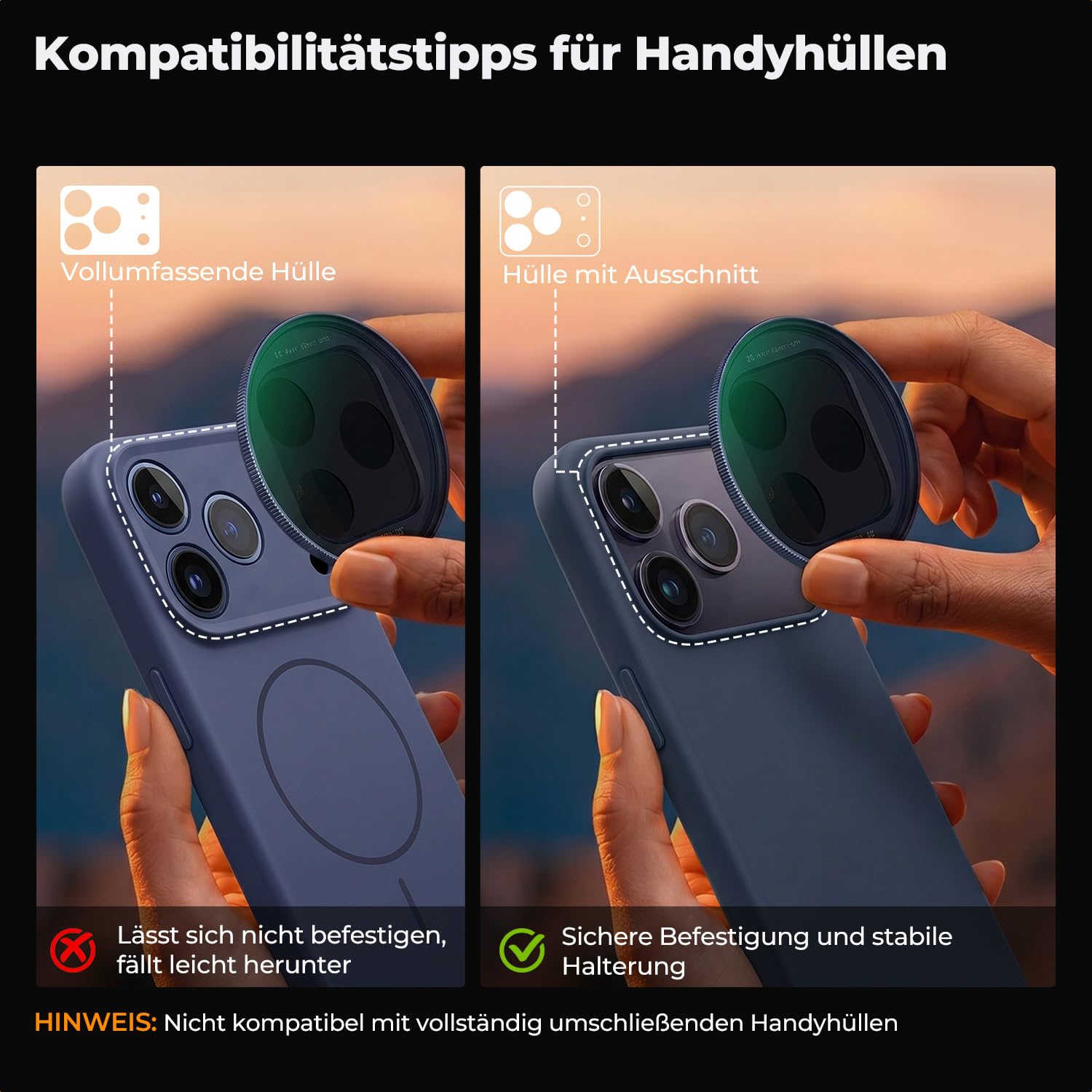 K&F CONCEPT FA301 Snap-On ND2-32 Filter kompatibel mit iPhone 17 Pro/Pro Max, 11,2g extrem Leichter VND-Filter mit Snap-On Deco-Halterung, AGC-Glas mit 28-Schichten-Beschichtung, dunkelblau