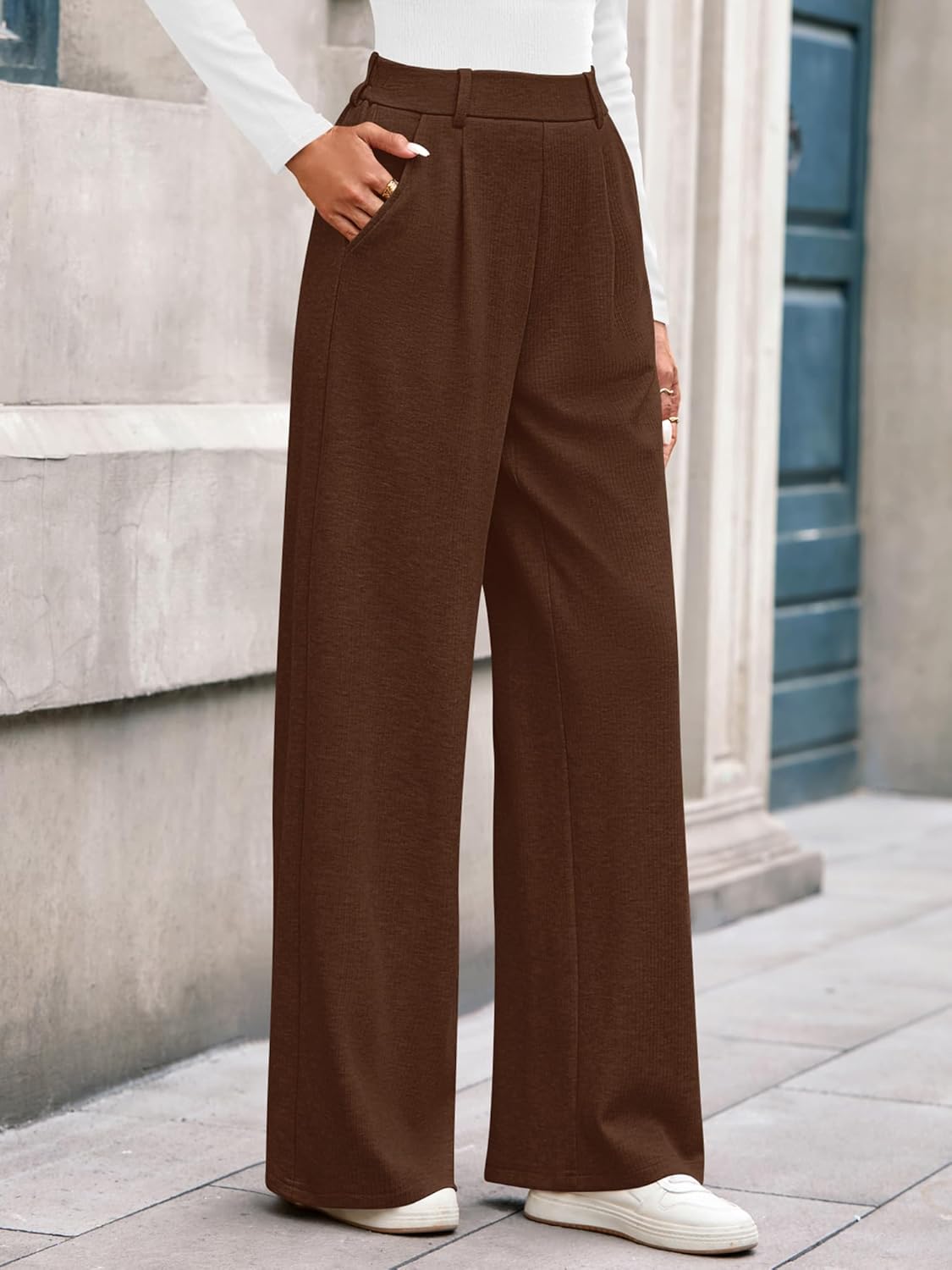BTFBM Wide Leg Pants for Women Dressy Work Business Casual Elastic High Waisted Trousers Ribbed Lounge Palazzo Pants - Image 7