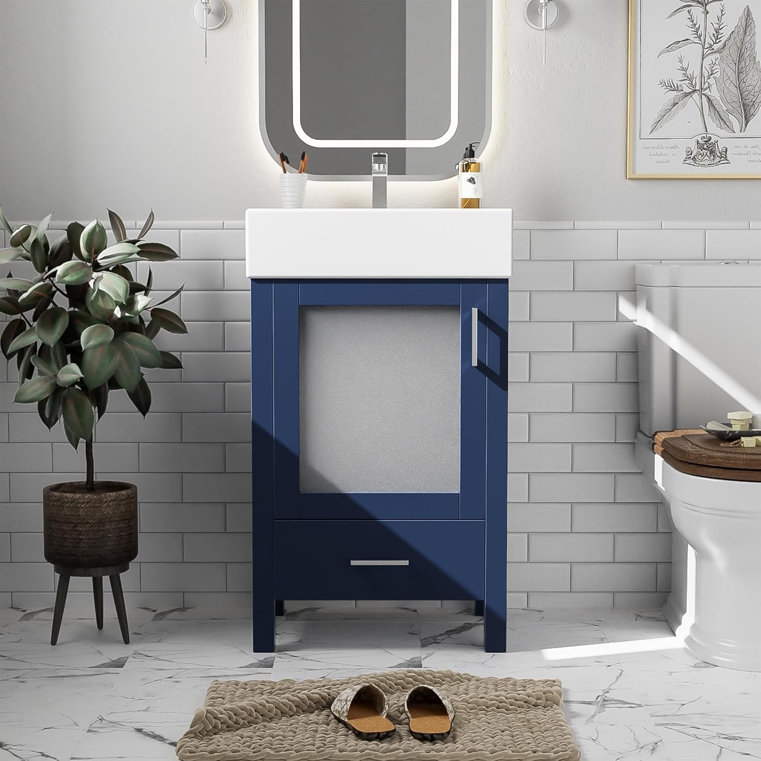 20 in Small Bathroom Vanity with Sink,1 Drawer,1 Door and Adjustable Shelf, Wood Single Bathroom Sink Cabinet,Modern Freestanding Bathroom Vanities with Sink Combo (Blue)