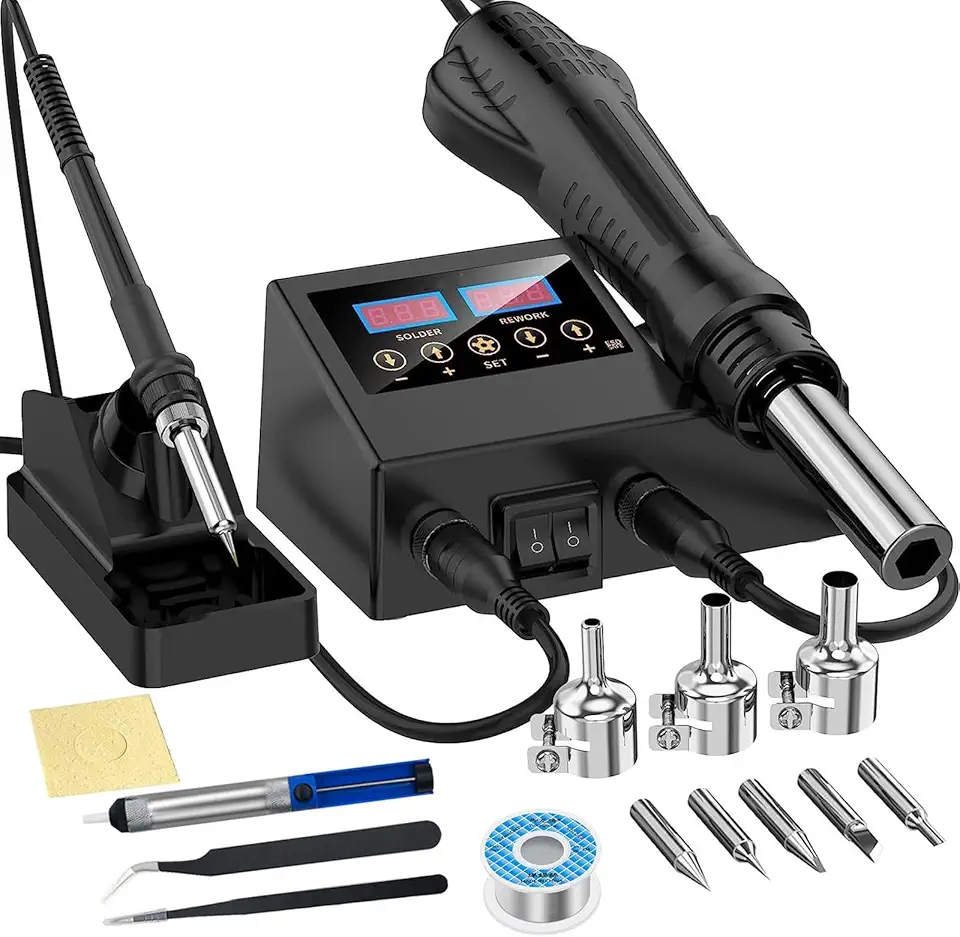 Ferro de Solda Termostática Inteligente, Ferro de solda 110v, Estação de Solda, Kit de Estação de Retrabalho de Ar Quente 2 em 1, Função de Ar Quente, Equipado com 3 Bicos de Ar Quente