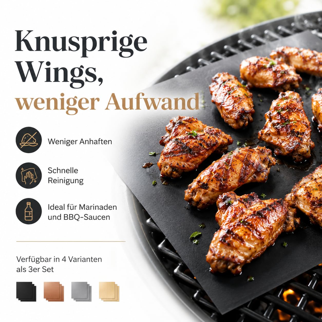 BBQROX maty do grillowania, zestaw 3 szt. (50 x 40 cm do 300°C), zwycięzca porównania 2024, do grilla gazowego, grilla elektrycznego i piekarnika, wielokrotnego użytku, nieprzywierająca podkładka do