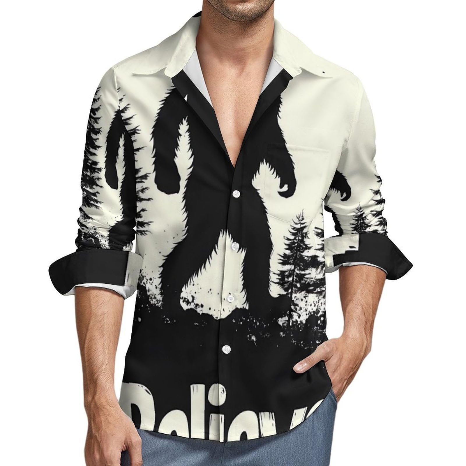 Bigfoot Believe - Camicia casual da uomo a maniche lunghe con bottoni e tasca | T-shirt Top Scollo a V Poliestere