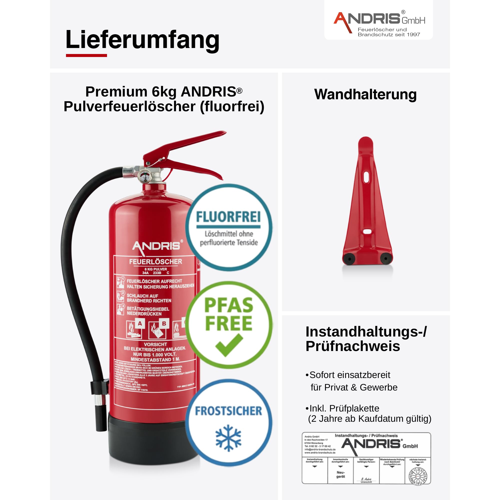 6kg ABC Pulver orig. ANDRIS® Feuerlöscher mit Halterung, Prüfnachweis + ISO Symbolschild